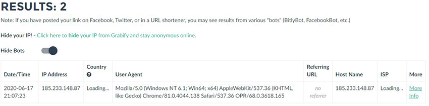 Grabify IP Address Results
