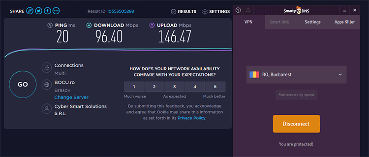 Ookla Speedtest Results For SmartyDNS Romanian Server